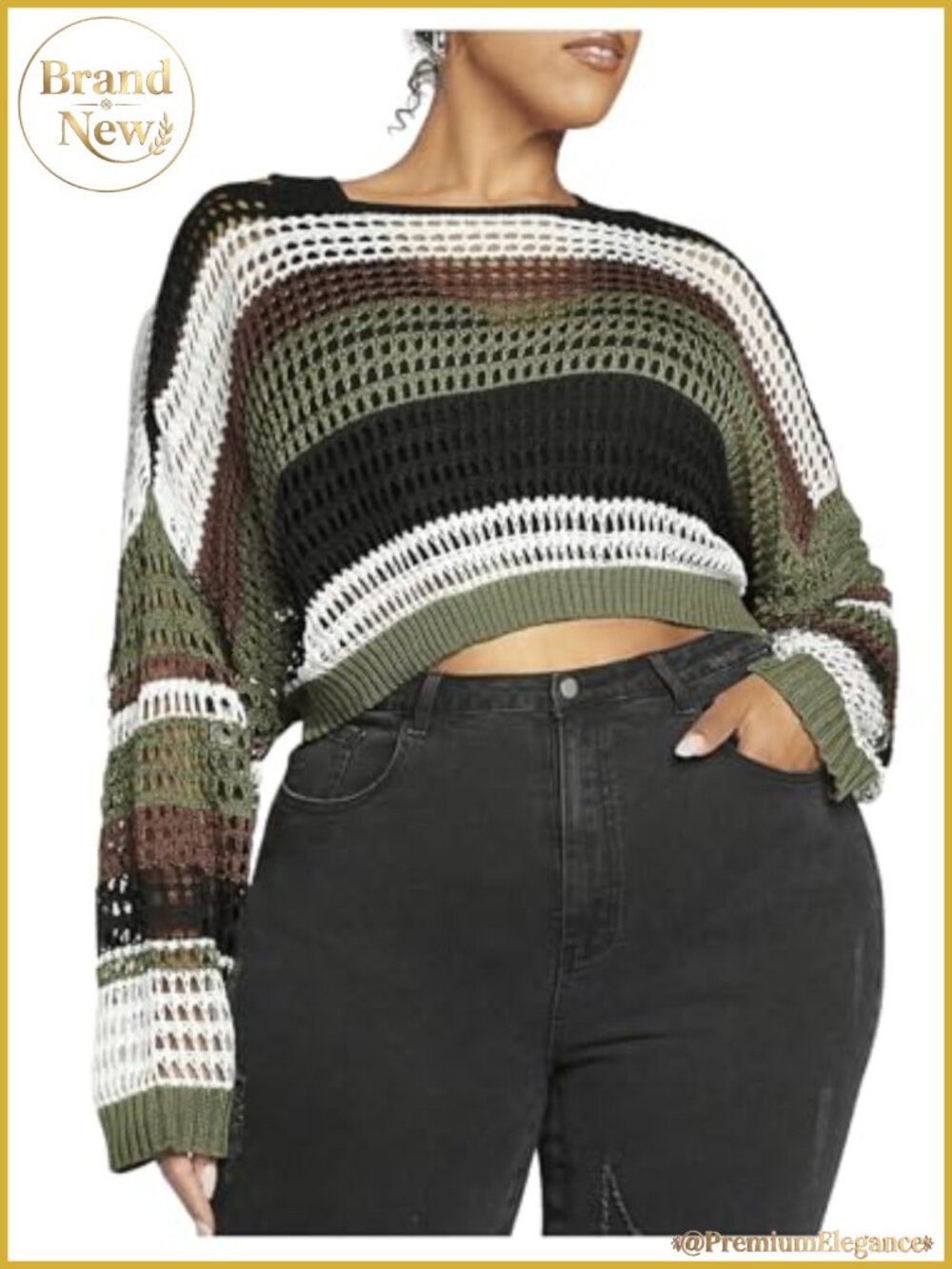 Women's Plus Size Color Block Striped Crochet Crop Sweater Long Sleeve Knit